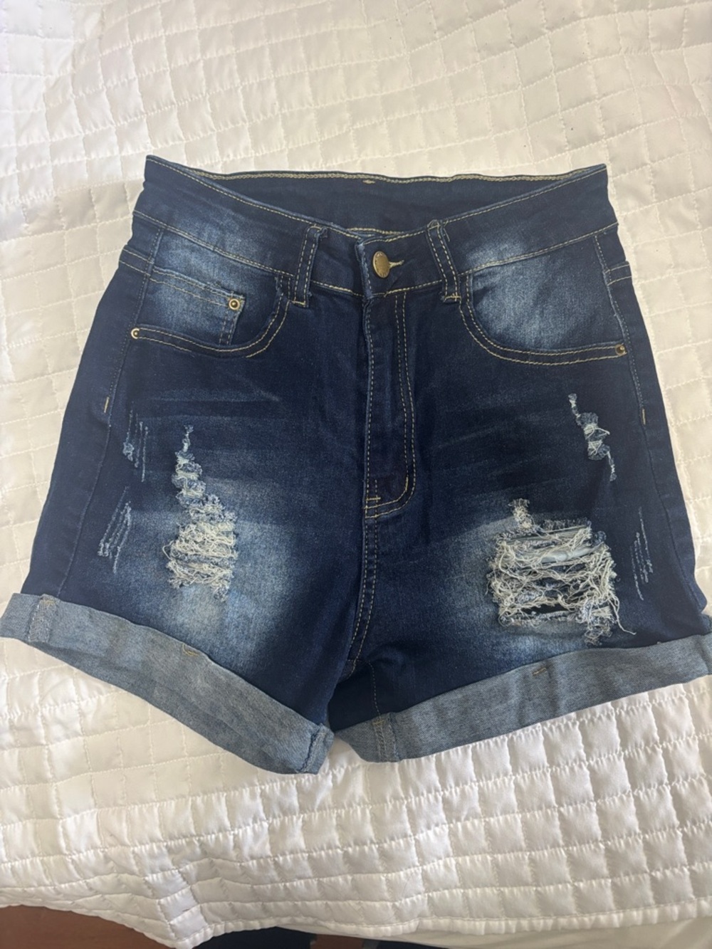 Dark Blue Distressed Cuffed Denim Shorts
